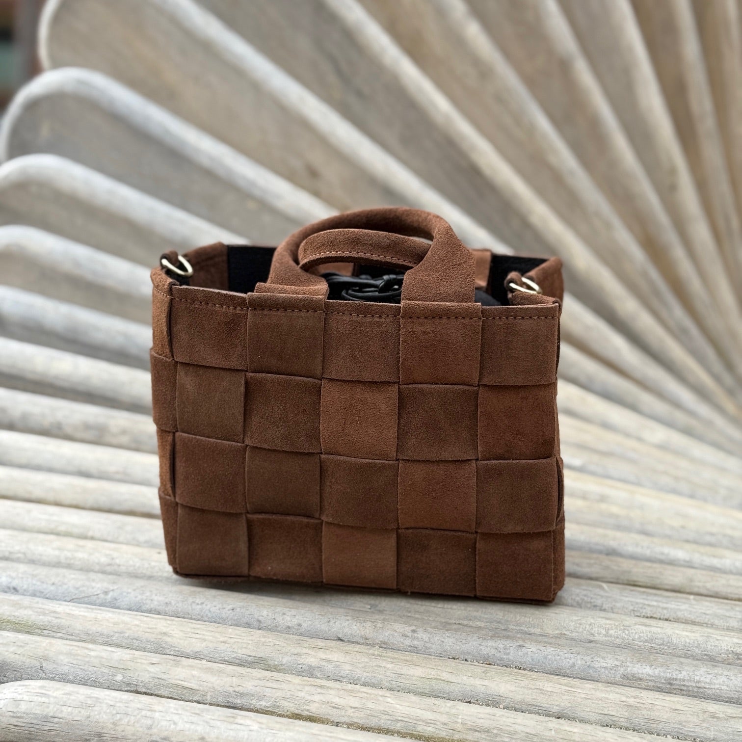 Flettet semsket skinnveske, brun