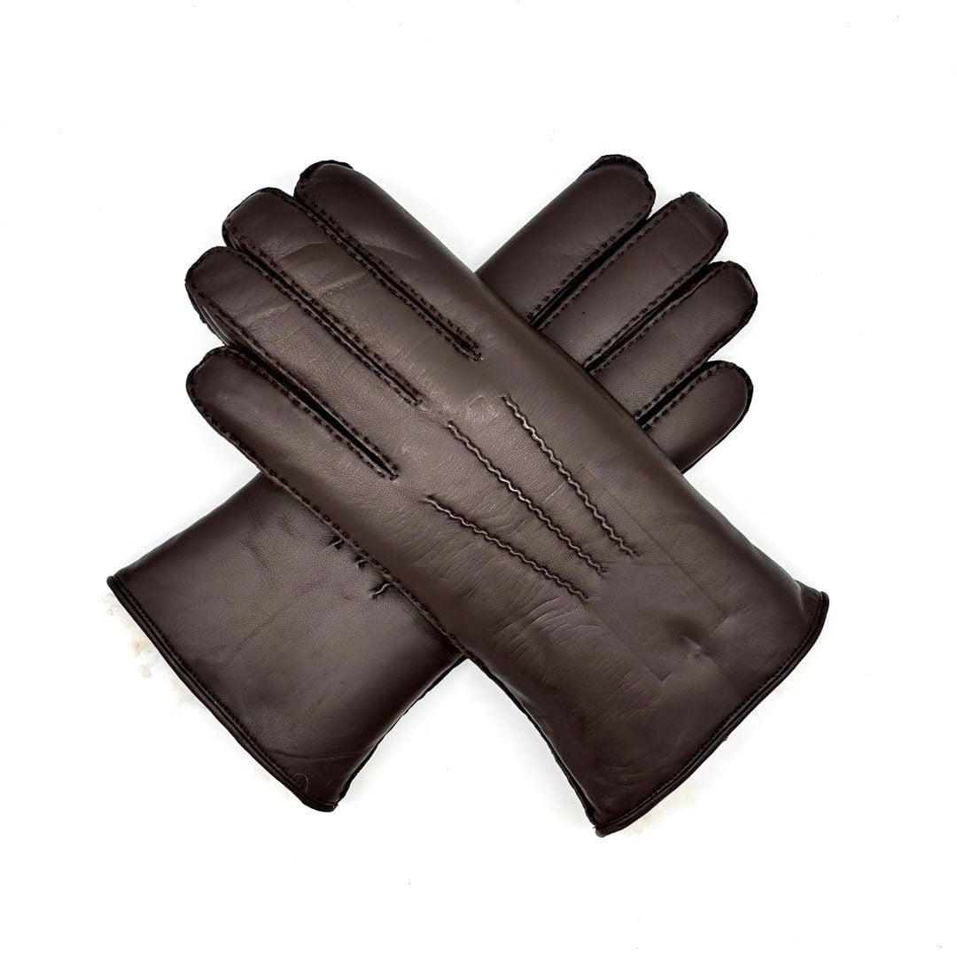Håndsydde herrehansker fôret med lammepels 8129, mørkebrun