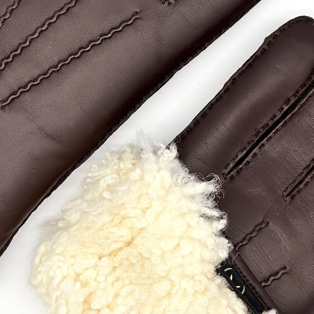 Håndsydde herrehansker fôret med lammepels 8129, mørkebrun