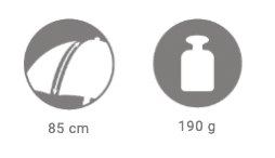 Symboler som viser diameteren for paraplyen (85cm) og at den veier 190g.