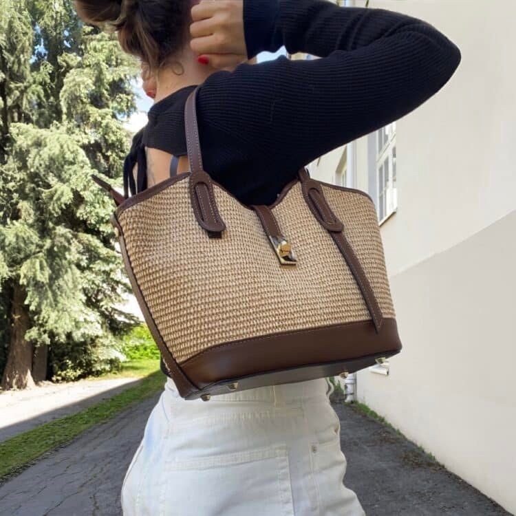 7D 2719 Klassisk raffiaveske med mørkebrune skinndetaljer ny 3